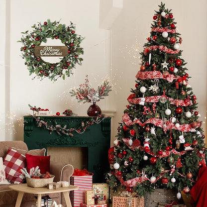 YNYLCHMX 20 Inch Christmas Wreath for Front Door, Winter Wreath with Welcome Sign Eucalyptus leaves Red Berry, Artificial Door Xmas Wreaths for Window Wall Fireplace Farmhouse Holiday Party Decoration