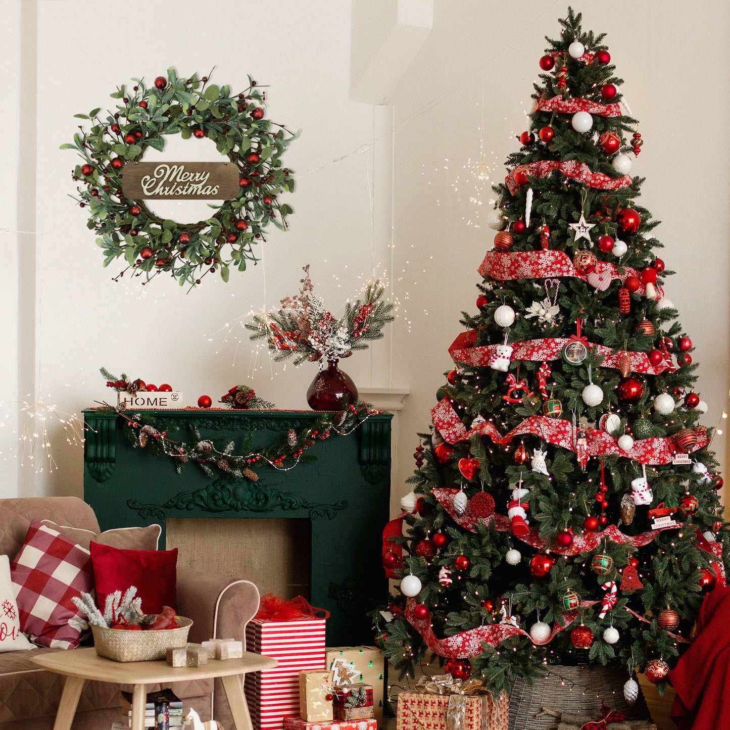 YNYLCHMX 20 Inch Christmas Wreath for Front Door, Winter Wreath with Welcome Sign Eucalyptus leaves Red Berry, Artificial Door Xmas Wreaths for Window Wall Fireplace Farmhouse Holiday Party Decoration