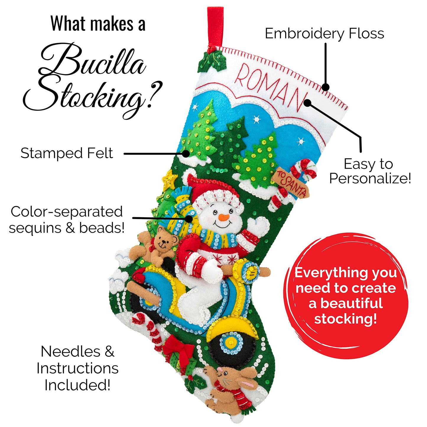 Bucilla Felt Applique 18" Stocking Making Kit, Christmas at The Farm, Perfect for DIY Arts and Crafts, 89534E