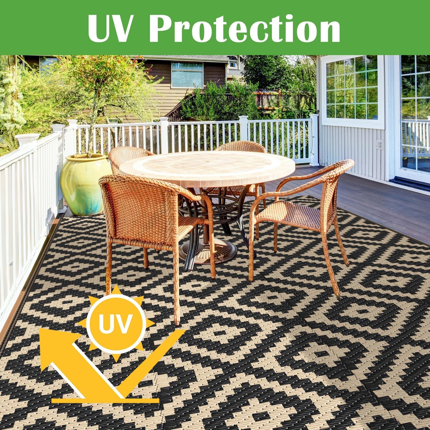 Mattitude Waterproof Outdoor Rug 5x8 Ft Outdoor Plastic Straw Rug Reversible Patio Rug Large Outdoor Carpet Area Rug for Patio Backyard Picnic Beach Camping RV Black & Beige