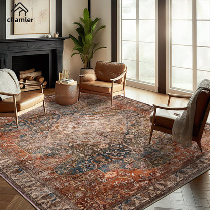 chamler 9x12 Washable Area Rug Boho Chic Medallion Distressed Design Non-Shedding Easy Care Ideal for High Traffic Areas in Rug for Living Room Bedroom Office Coffee Table Large Carpet