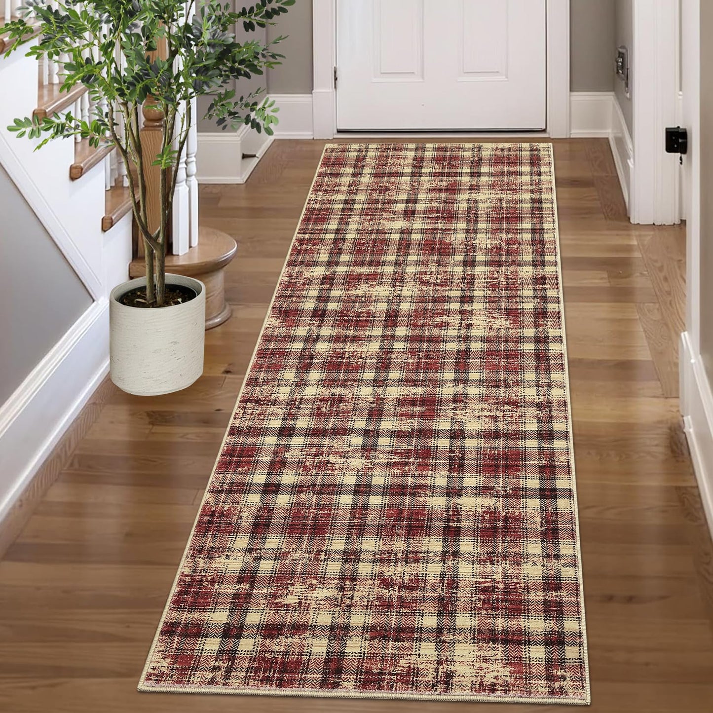 LUXLOOM Washable Rugs 2x10 Runner Rug Modern Plaid Bathroom Rugs Non Slip Kitchen Runner Low Pile Entryway Rug Soft Runners Stain Resistant Carpet for Laundry Hallway Bedside 2'x10' Red
