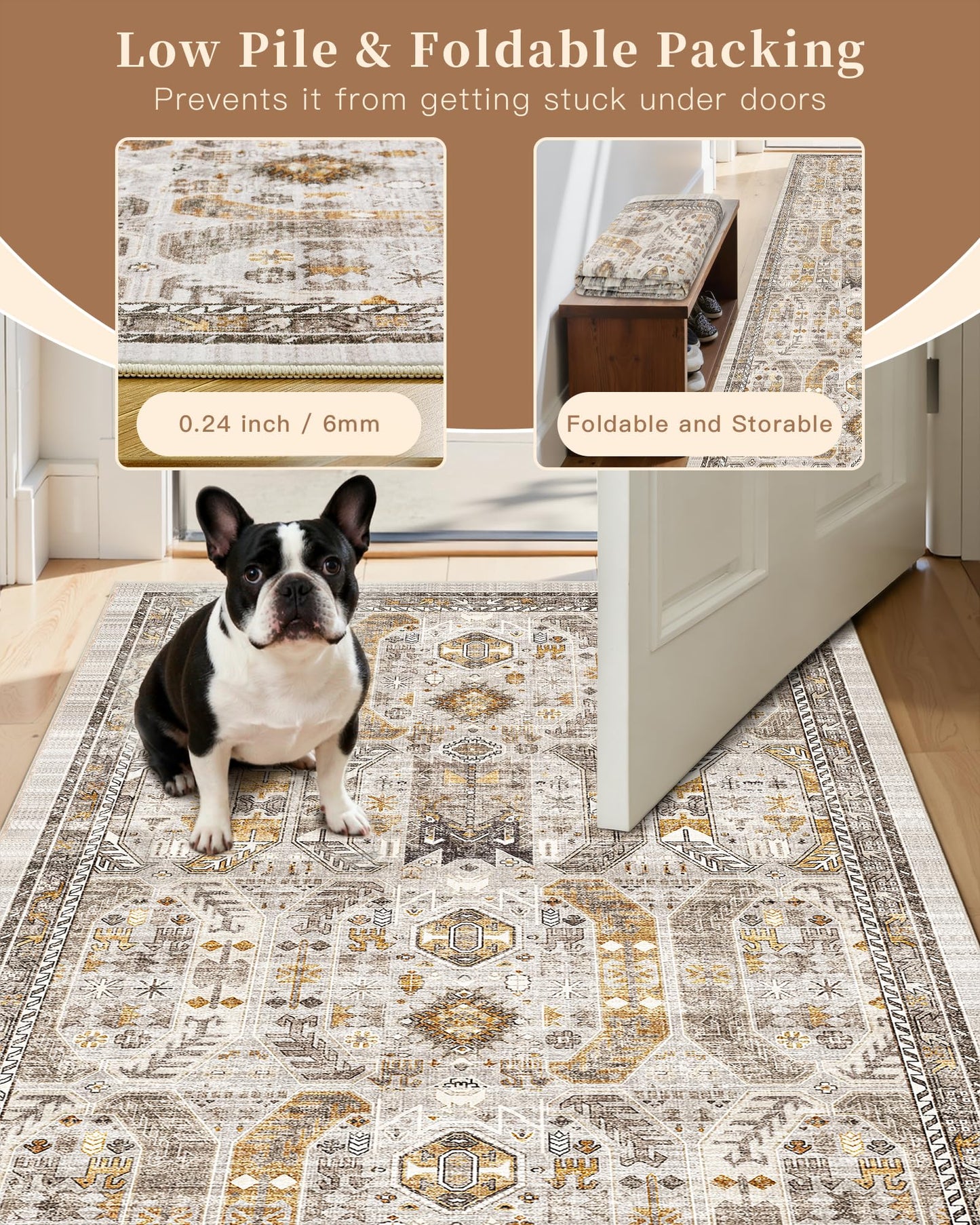 Madane Washable Runner Rug - 2x6 Rug Runners for Hallways 6 Feet Non Slip Vintage Kitchen Runner Rug Ultra-Thin Bathroom Runner Rugs Carpet Laundry Room Bedroom (2x6ft, Brown/Gold)