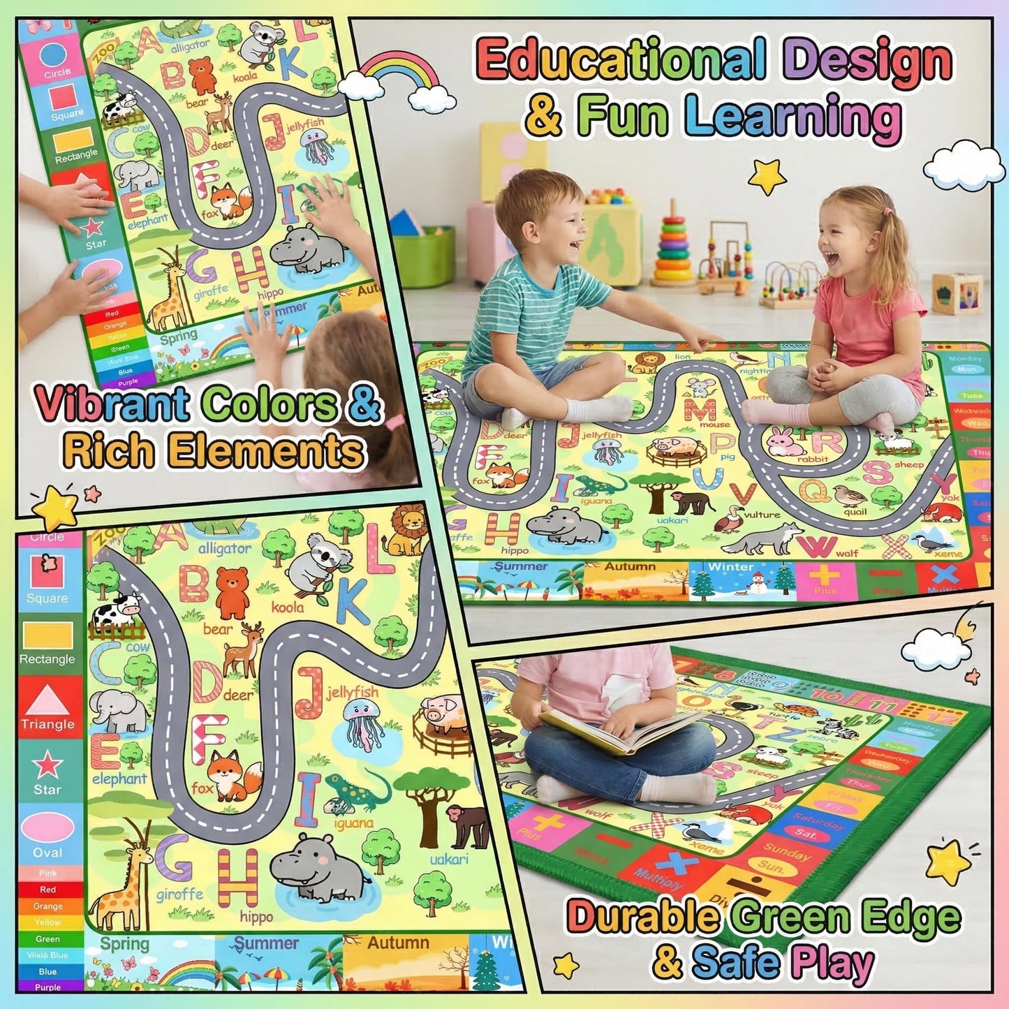HBUFBUQ Educational ABC Area Rug 2.5x4 Feet Kids Rugs for Playroom Non Slip Alphabet Animals Numbers Shapes Floor Mat for Bedroom Nursery Classroom Boys Girls Learning Carpet