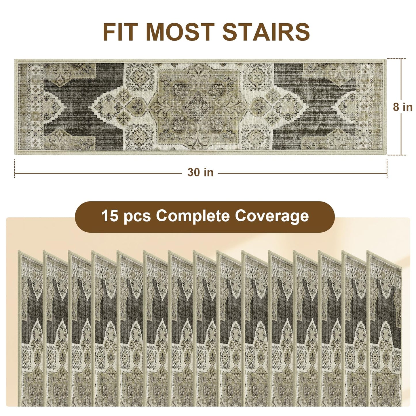 Non Slip Stair Treads for Wooden Steps Indoor, Begie, 15pcs, 30"X8", Soft Carpet Mat, Machine Washable Boho Carpet Treads with Reusable Adhesive Backing, Safety Stair Tread for Dog, Kid, Elder