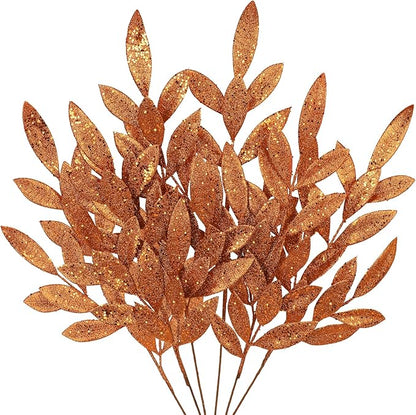 DILATATA 6Pcs Christmas Glitter Leaves Bay Leaves Spray 24" Artificial Orange Bay Leaf Picks Sprays Giltter Stems for Halloween Centerpiece Christmas Home Decor Home Decor - Orange