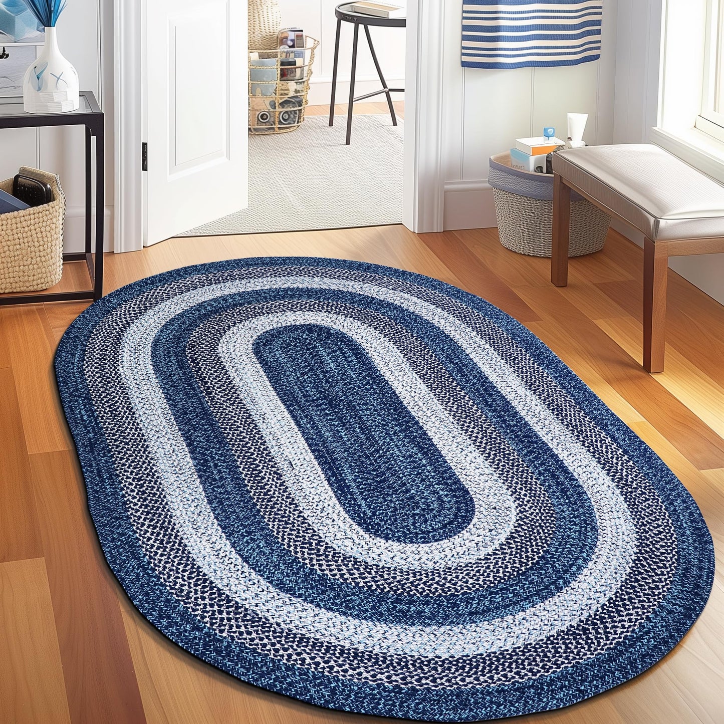 Super Area Rugs Rustic Aqua Blue/White/Black Oval Braided Rug for Entryway/Foyer, Washable Outdoor Rug for Patio/Porch 3' x 5' Oval