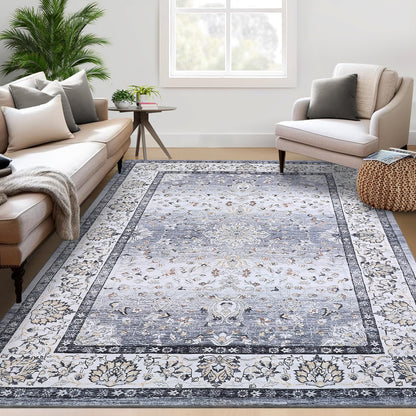 GarveeHome Washable Vintage Boho Floral Gray Rug - 5'x7' Soft Faux Wool Low Pile Stain Resistant Carpet for Living Room, Bedroom, Office, Nursery, Dining Room