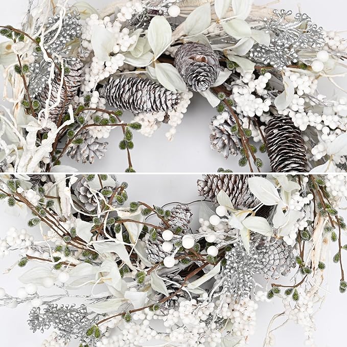 24 inch White Christmas Wreath,Winter Wreaths for Front Door with Pinecones Berries for Fireplace Xmas Decorations,Front Porch Decor and Wall Window Decor