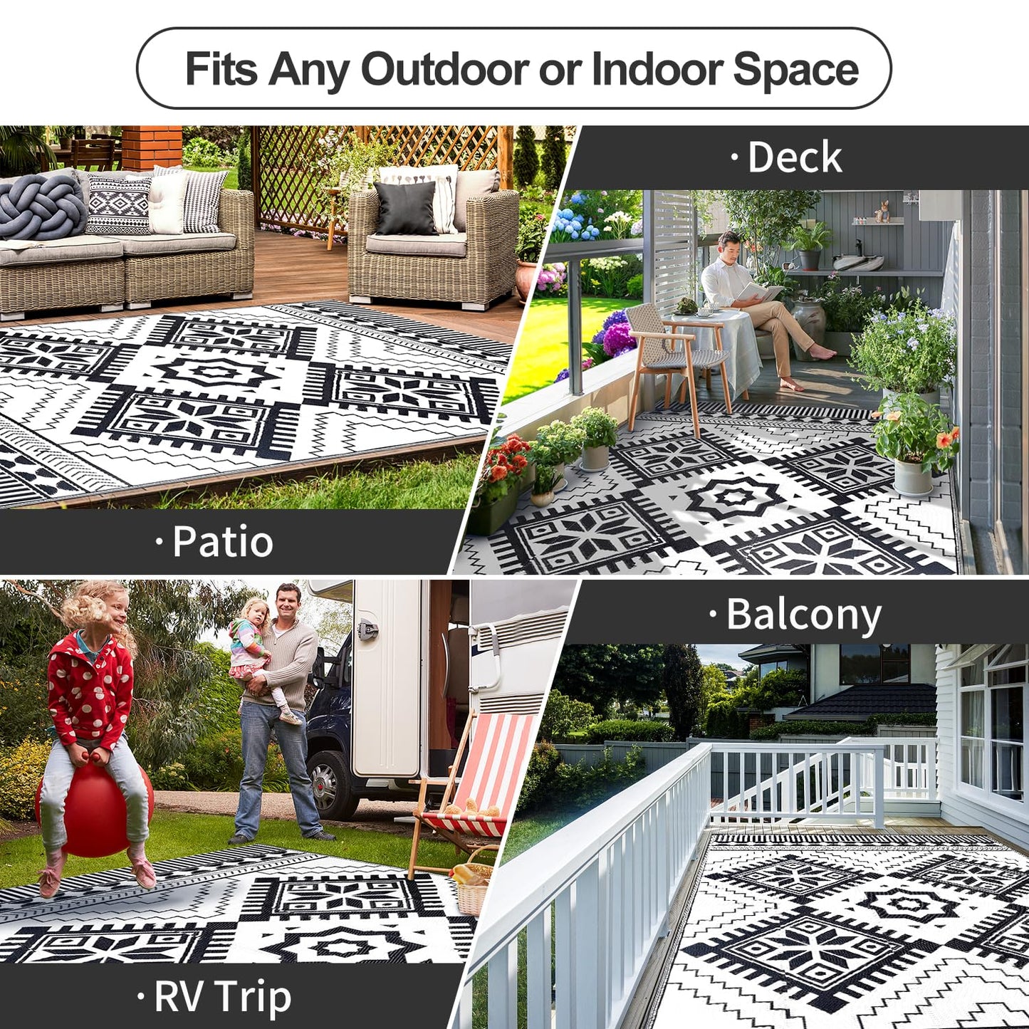Waterproof Outdoor Rug 5x8ft, Boho Reversible Plastic Straw Mat for Patio RV Deck Porch Backyard Balcony Camping Picnic Beach Indoor Outdoor Carpet, Black&White