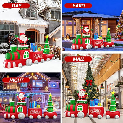 10 FT Deluxe Christmas Inflatables Train with Santa Claus, Gift Box, Christmas Tress, Built-in LED Lights, Blow Up Lovely Train Carriage for Christmas Party Holiday, Outdoor Garden Lawn Yard Decor
