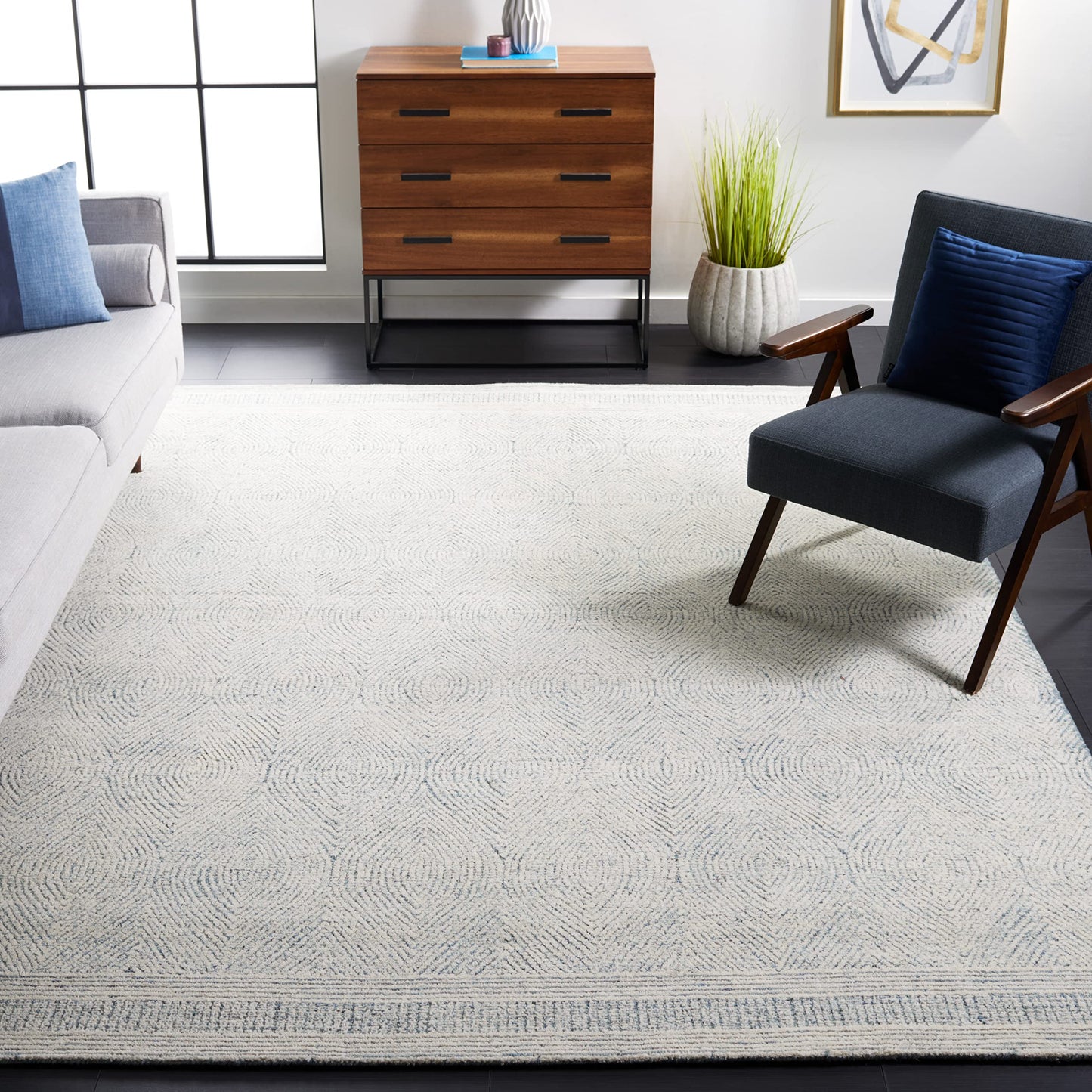 SAFAVIEH Abstract Collection Area Rug - 9' x 12', Ivory & Blue, Handmade Wool, Ideal for High Traffic Areas in Living Room, Bedroom (ABT340M)