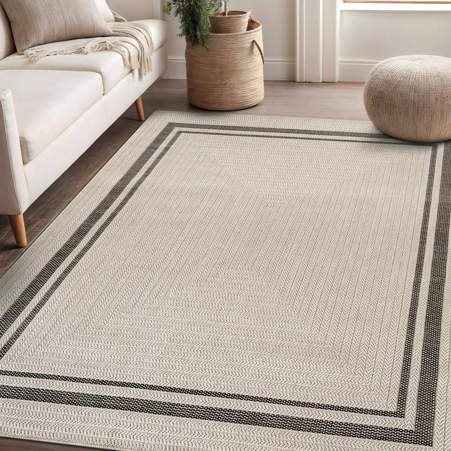 Beverly Rug Easy Jute Bordered Rug 8x10 Washable Durable Indoor Outdoor Area Rugs for Living Dining Room Patio Office Stain Resistant Non Shedding Casual Indoor Outside Carpet 8 x 10 Off-White