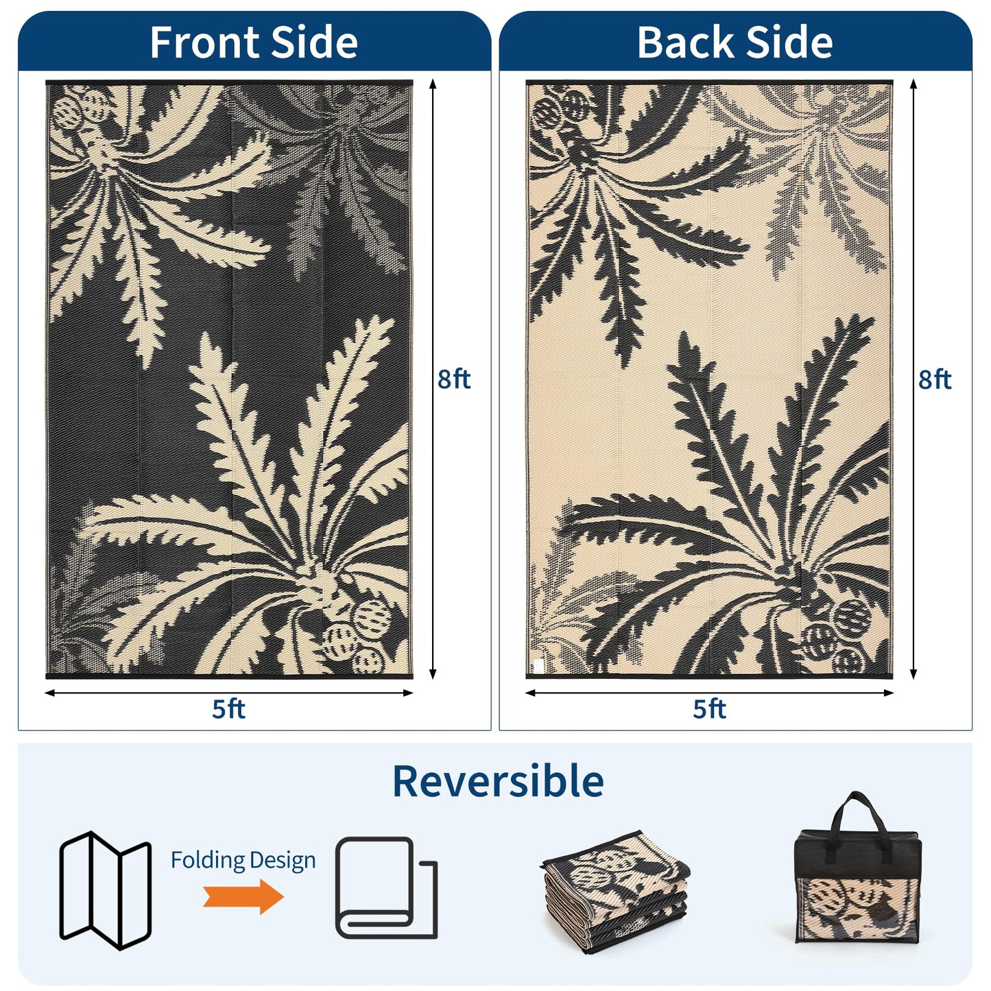 Garvee Waterproof Outdoor Rug 5x8 for Patio, Reversible Modern Area Rug, Large Plastic Straw Mat for Camping, RV, Porch, Backyard, Deck, Picnic, Beach, Black & Brown