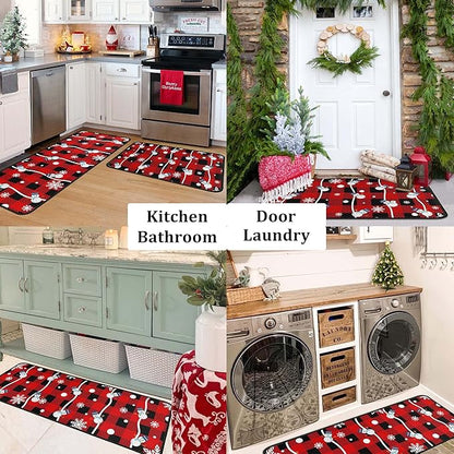 Buffalo Plaid Christmas Kitchen Rugs and Mats Set of 2, Christmas Snowman Winter New Year Holiday Party Low-Profile Floor Mat Merry Christmas Decorations for Kitchen Home- 17"x47"+17"x30"