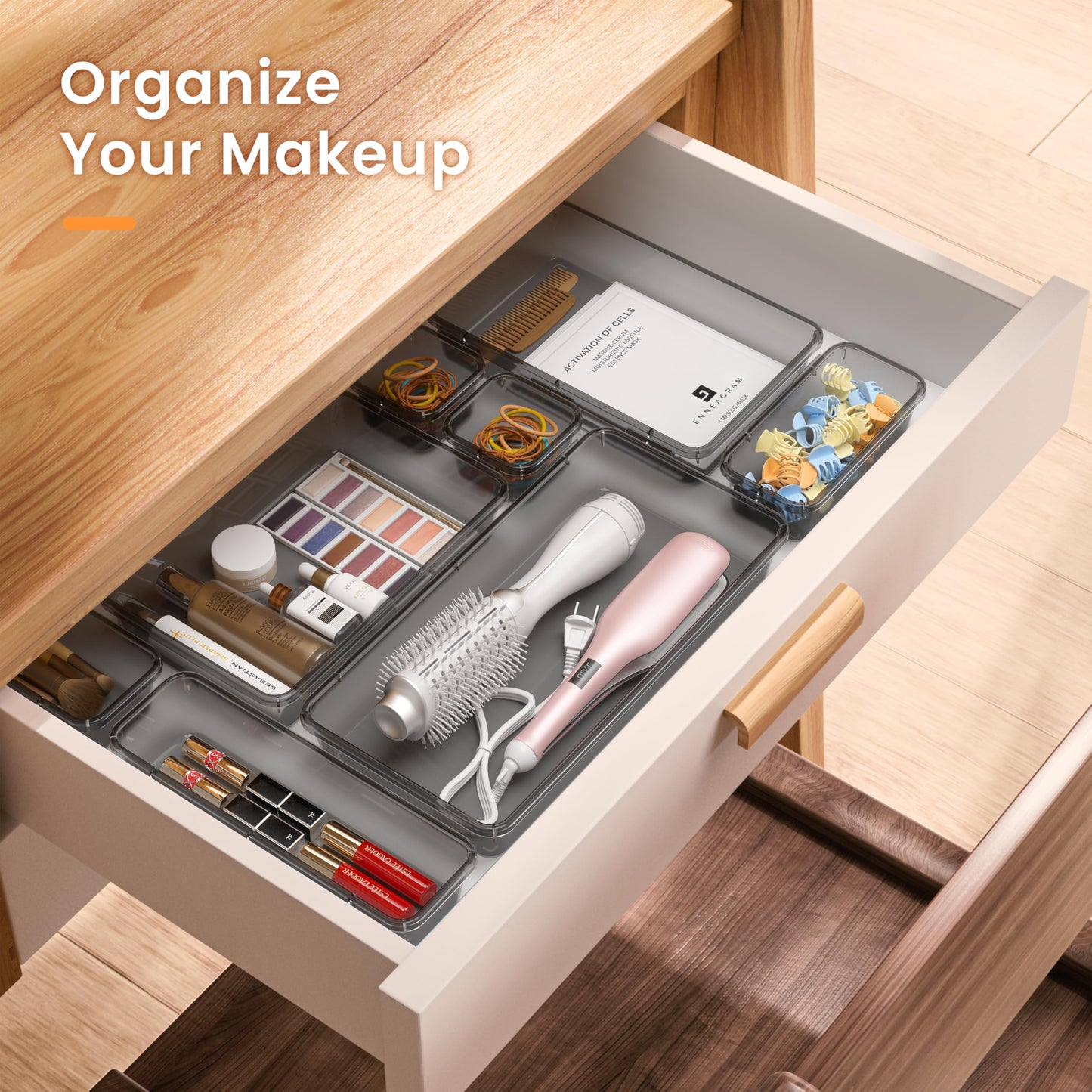 A-LuGei 【Military Grade】 Drawer Organizer, 【𝟱𝗦𝗶𝘇𝗲】 Clear Makeup organizer, 【Holds 177 Items】 Bathroom Organizers and Storage, Plastic Desk Organizer Divider, Organizer Bins for Office Vanity