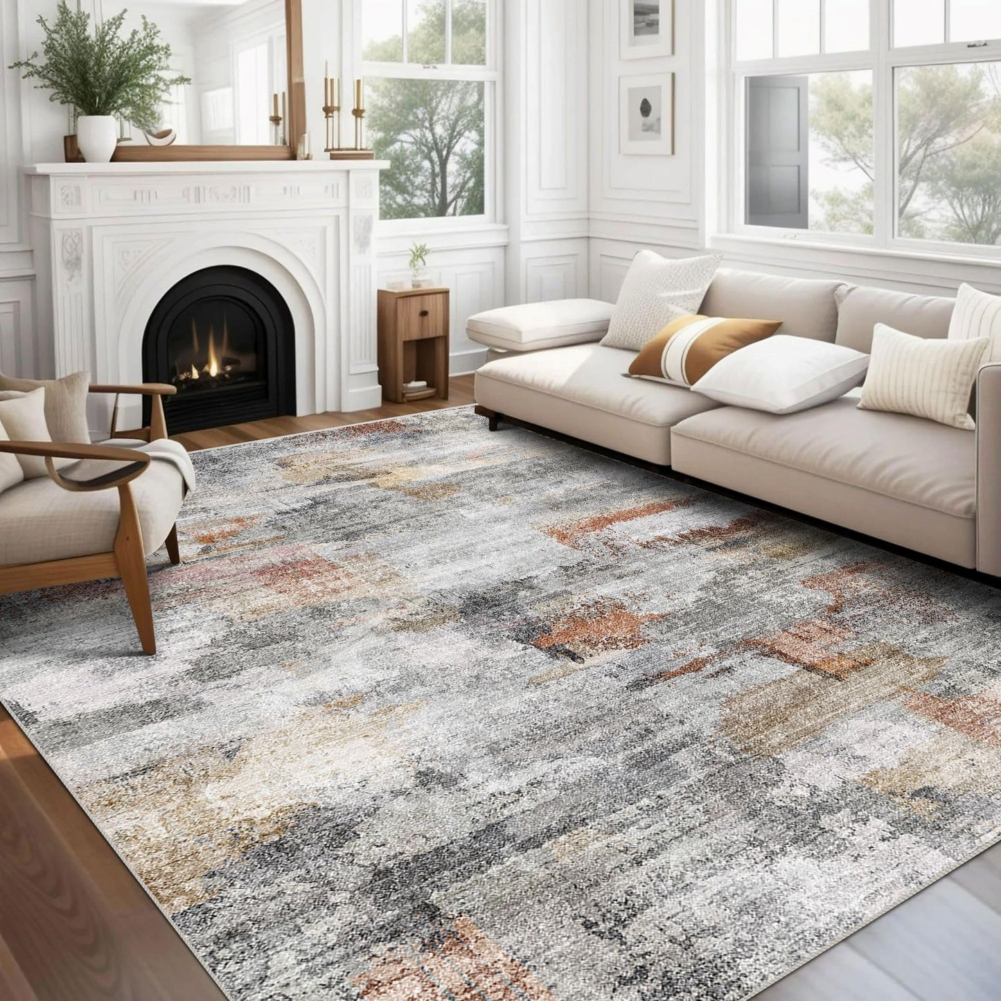 vivorug 5x7 Area Rugs - Ultra-Thin Washable Rug with Non-Slip Backing, Ideal for Living Room, Bedroom, Kitchen Floor Carpet - Modern Abstract, Easy Clean, Durable, Low Pile Gray/Rust
