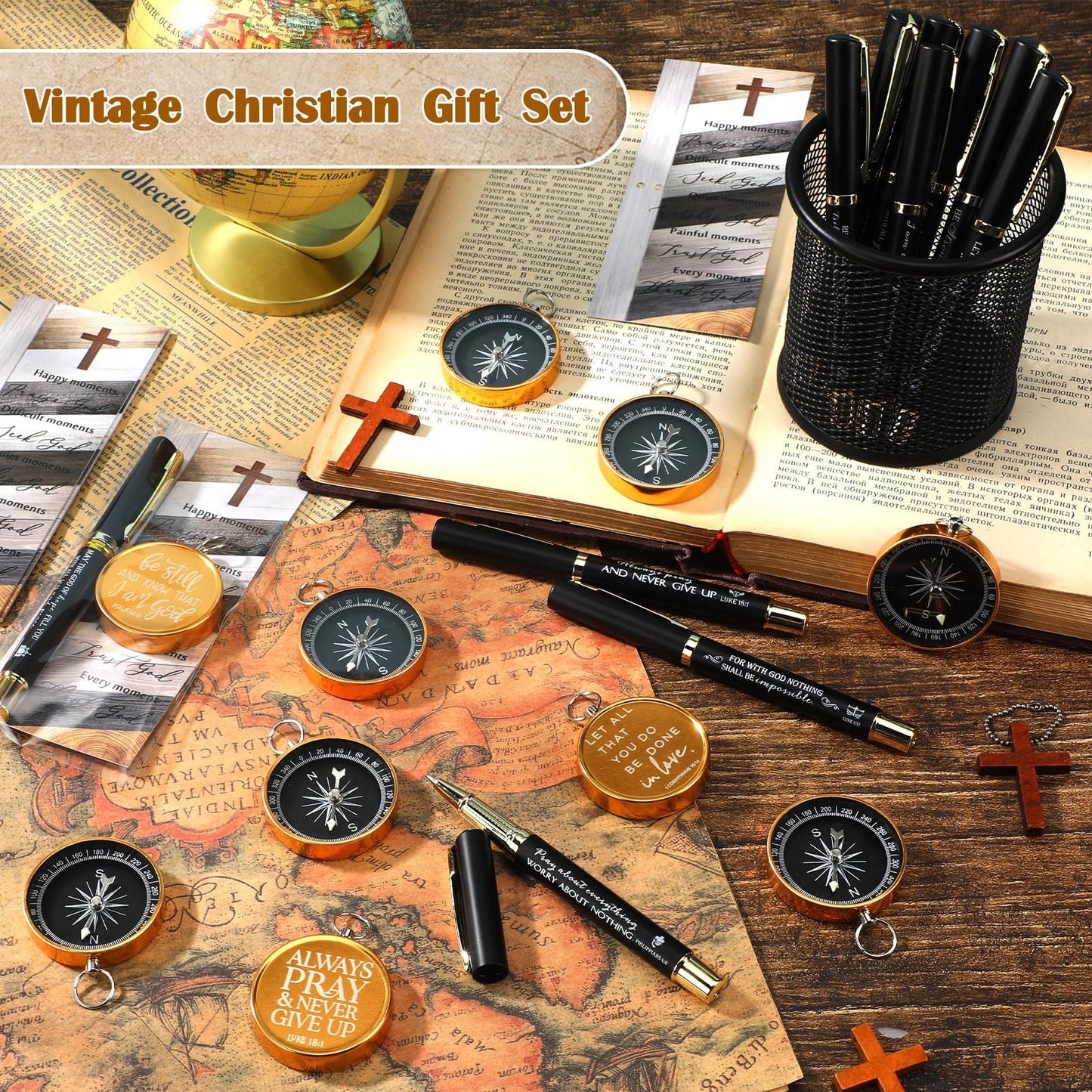 Spakon 30 Sets Christian Gifts for Men Bible Verse Compass Pen Religious Bookmark Inspirational Church Gifts for Pastor Appreciation Day Grandpa Men Christmas (Classic)