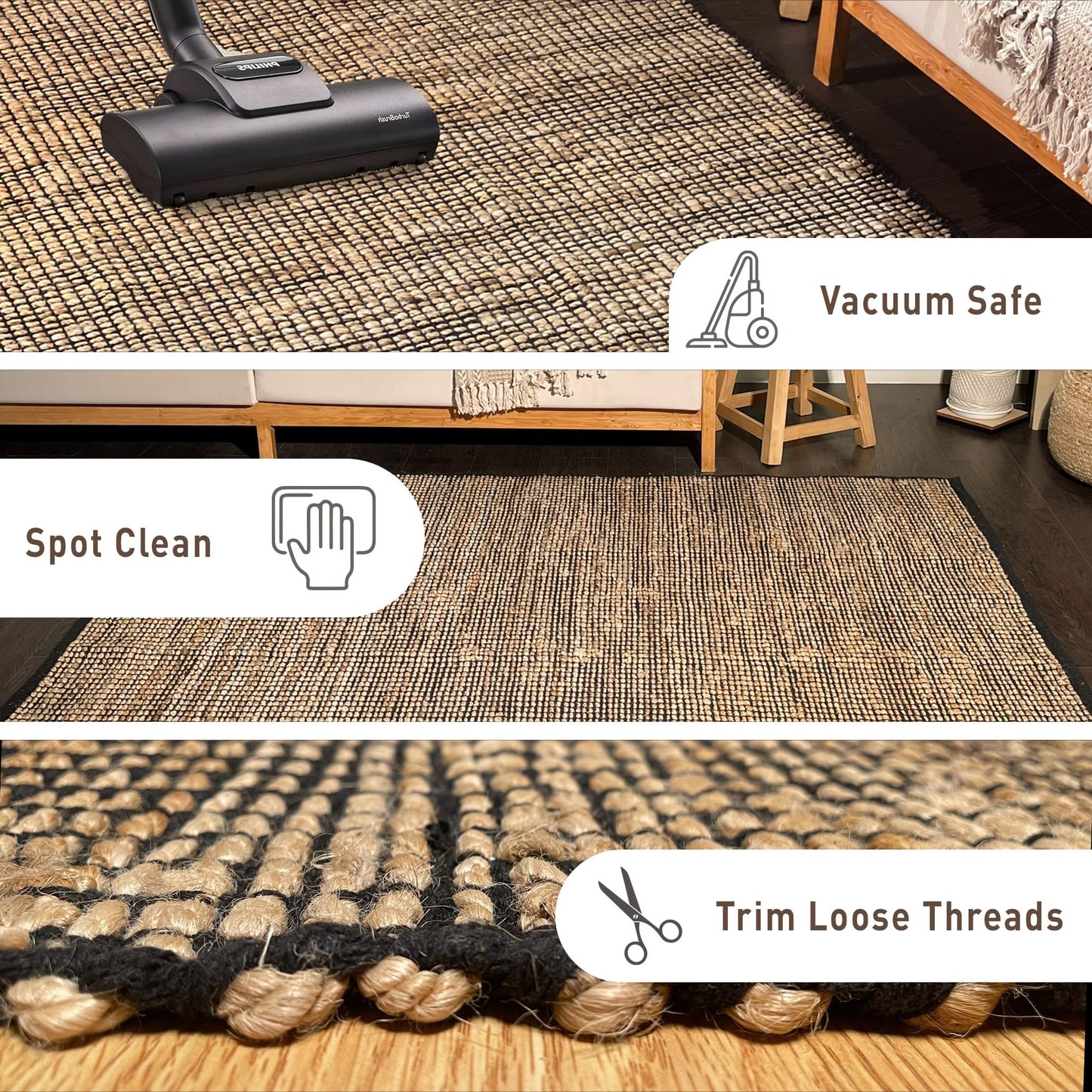 Chardin home 2x5 Jute Cotton Hand Woven Runner Rug | Braided Hallway Rug, Boho Rustic Style, Natural Jute/Black | Farmhouse Vintage Rugs for Entryway, Hallway, Foyer, or Kitchen