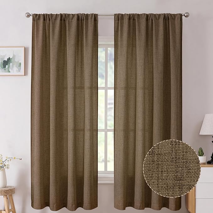 Tollpiz Short Linen Curtains Living Room Rod Pocket Semi Sheer Curtain Burlap Light Filtering Thick Linen Drapes for Bedroom, 54 x 54 inches Long, Brown, Set of 2 Panels