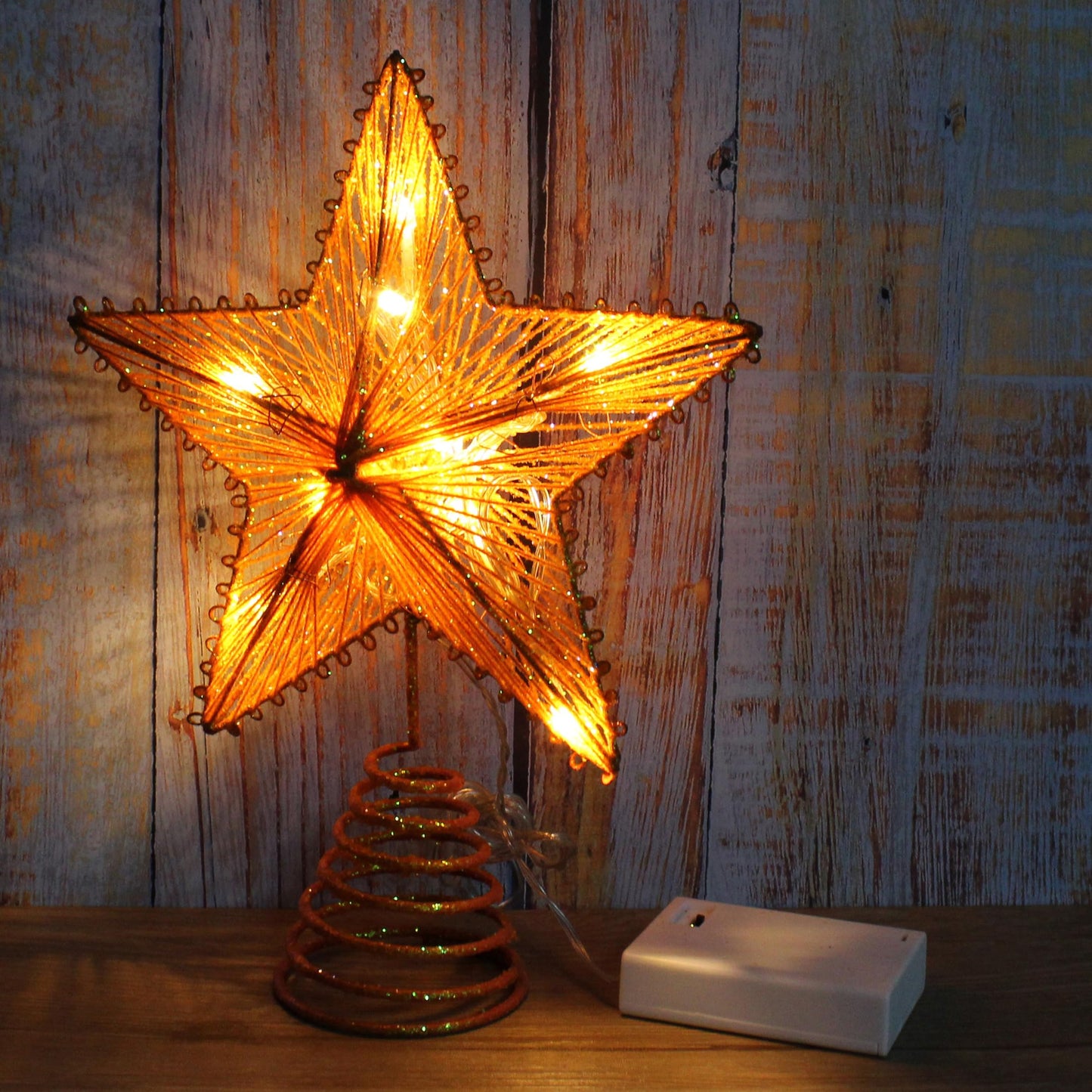 CVHOMEDECO. Champagne Gold Glittered 3D Tree Top Star with Warm White LED Lights and Timer for Christmas Tree Topper Decoration and Holiday Seasonal Décor, 8 x 10 Inch