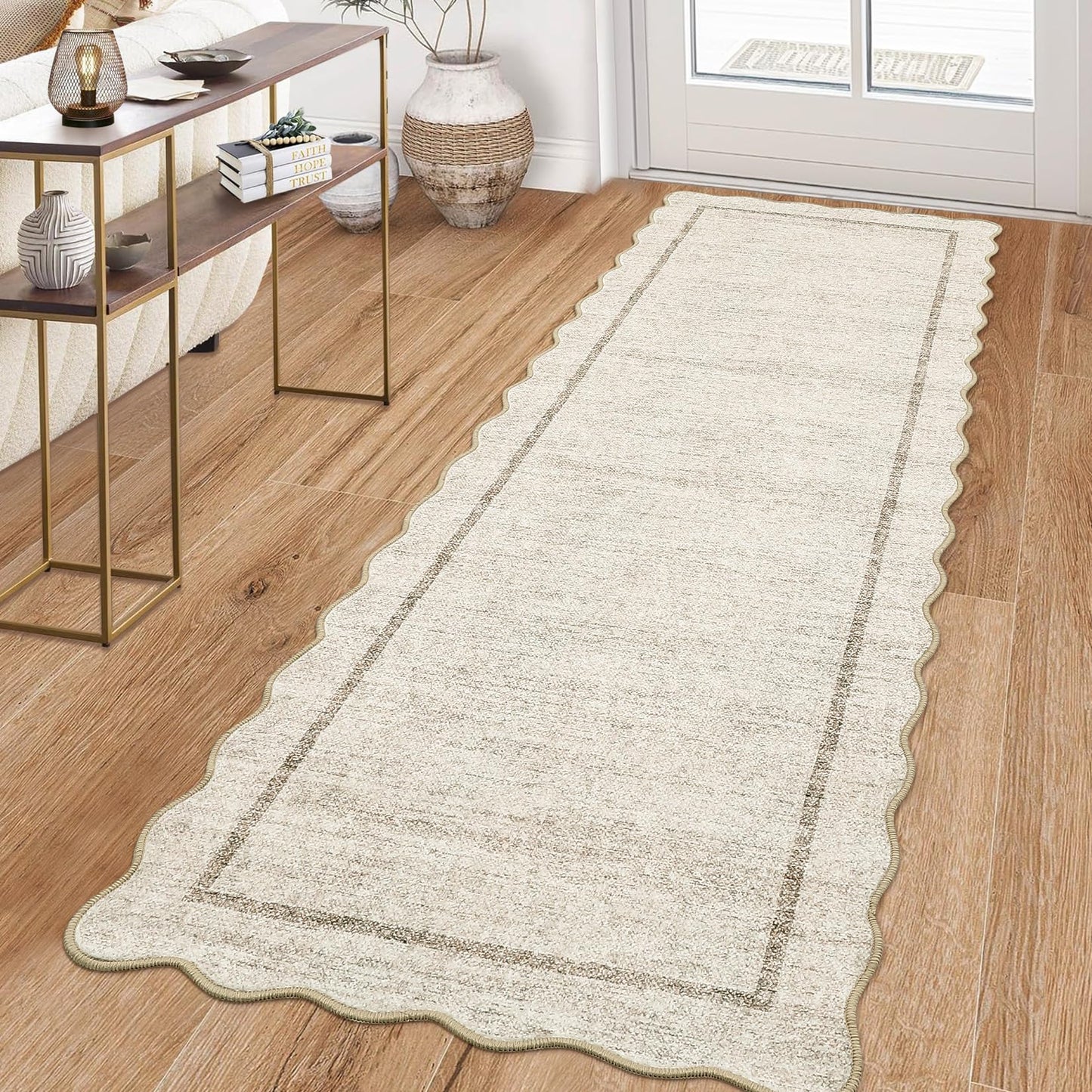 GarveeHome Scalloped Washable Kitchen Runner Rug 2x8, Beige Runners for Hallway, Non Slip Boho Soft Bathroom Throw Mat Bordered Carpet Runner for Laundry Entryway Bedroom 2 ft x8 ft Beige