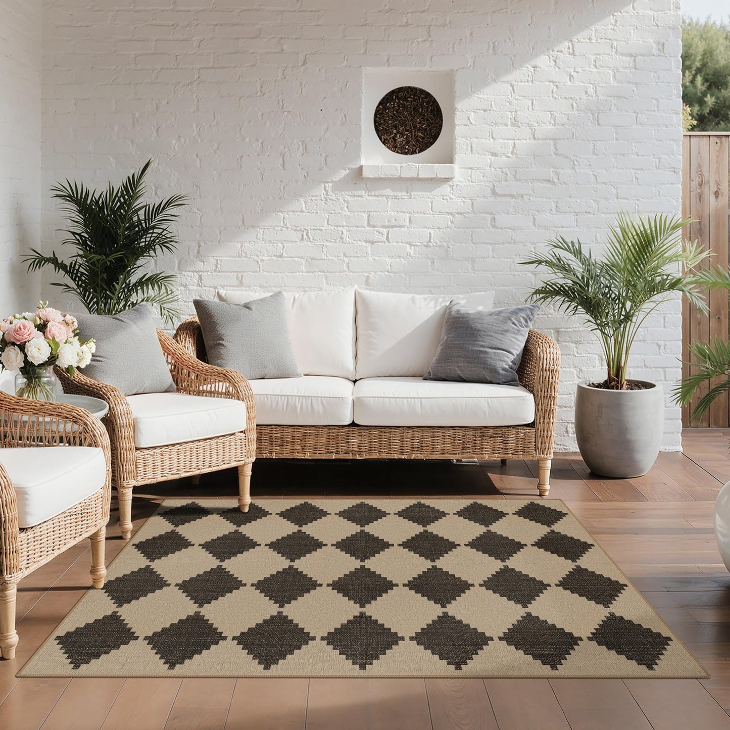 GENIMO Indoor Outdoor Area Rug 5'x8', Checkered Easy Jute Rug Machine Washable, Easy-Cleaning, Non Slip Geometric Woven Outdoor Carpet for Patio, Living Room, Backyard, Porch, Deck, Balcony