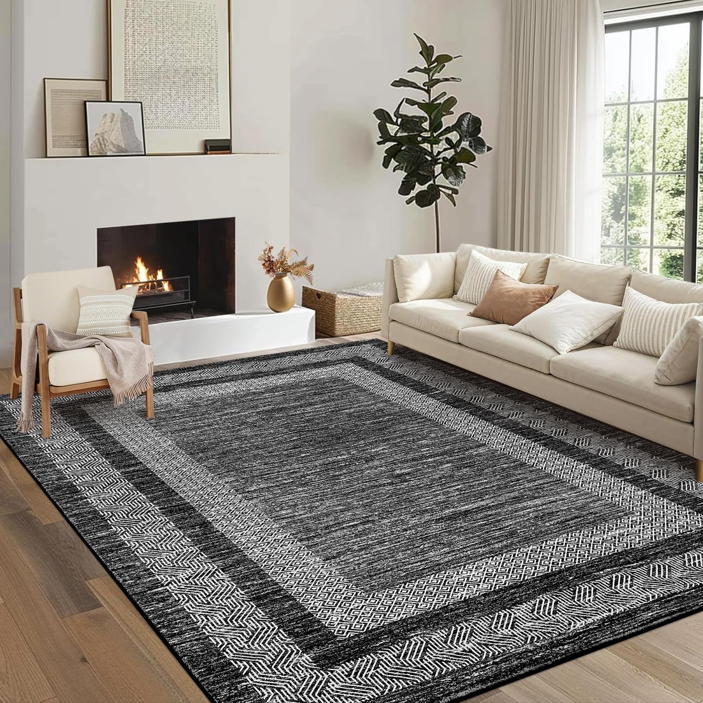 GarveeHome Area Rug 8x10 Modern Geometric Living Room Rug Non Slip, Thin Washable Carpet, Soft Non Shedding Foldable Floor Covering, Low Pile Thin Printed Mats for Bedroom Office, Black
