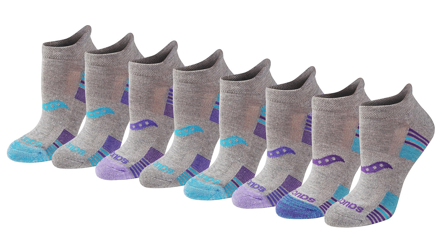 Saucony Women's RunDry Performance 8, 16 Pairs Heel Tab Athletic Socks, S-L, Grey Heather Blue Assorted (8 Pairs), Large