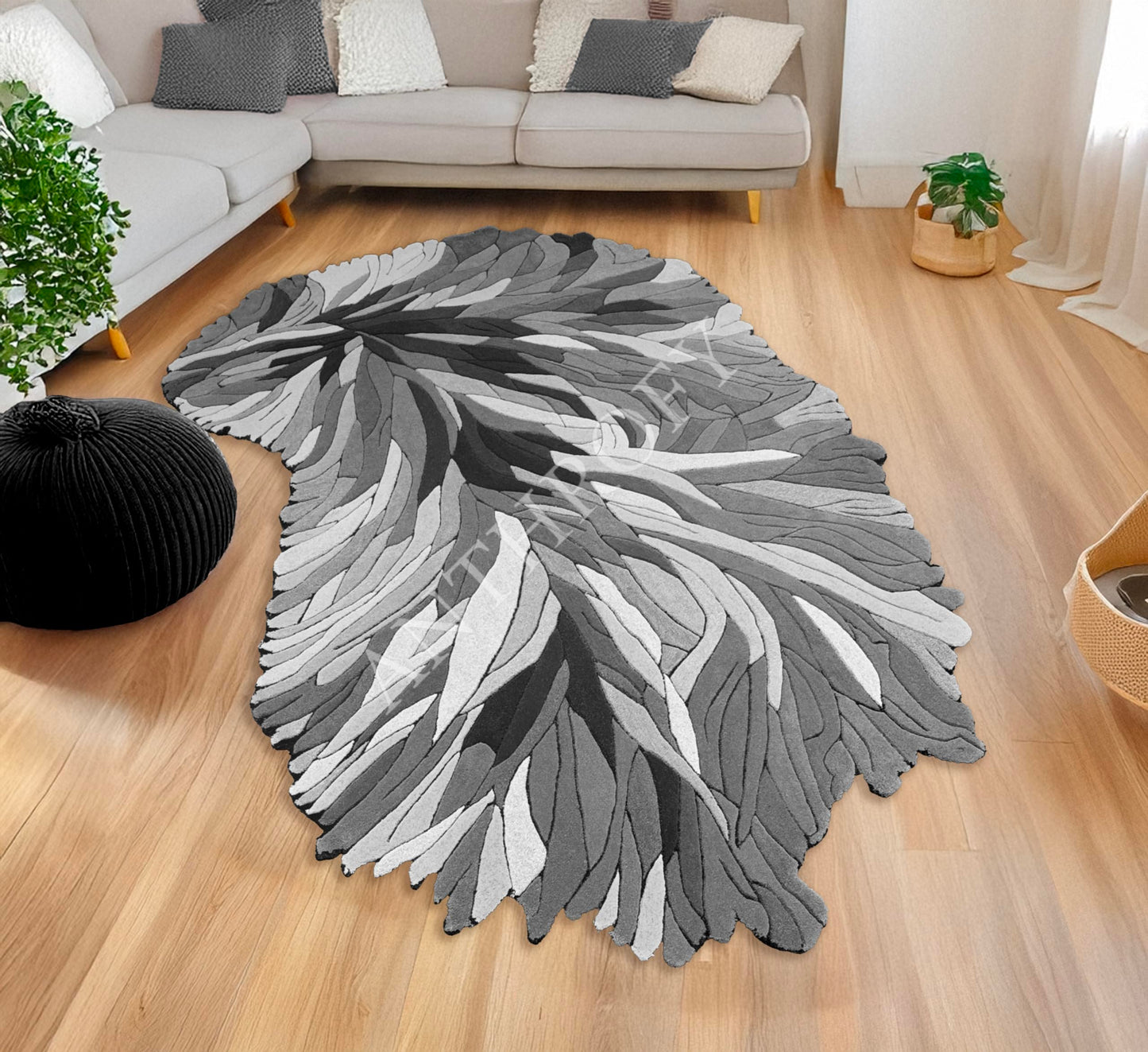Anthrofy Irregular Shape Wool Area Rug – 10’ x 14' – Grey Color Handmade Unique Contemporary Botanical Design – Thick & Soft Rugs for Living Room, Bedroom