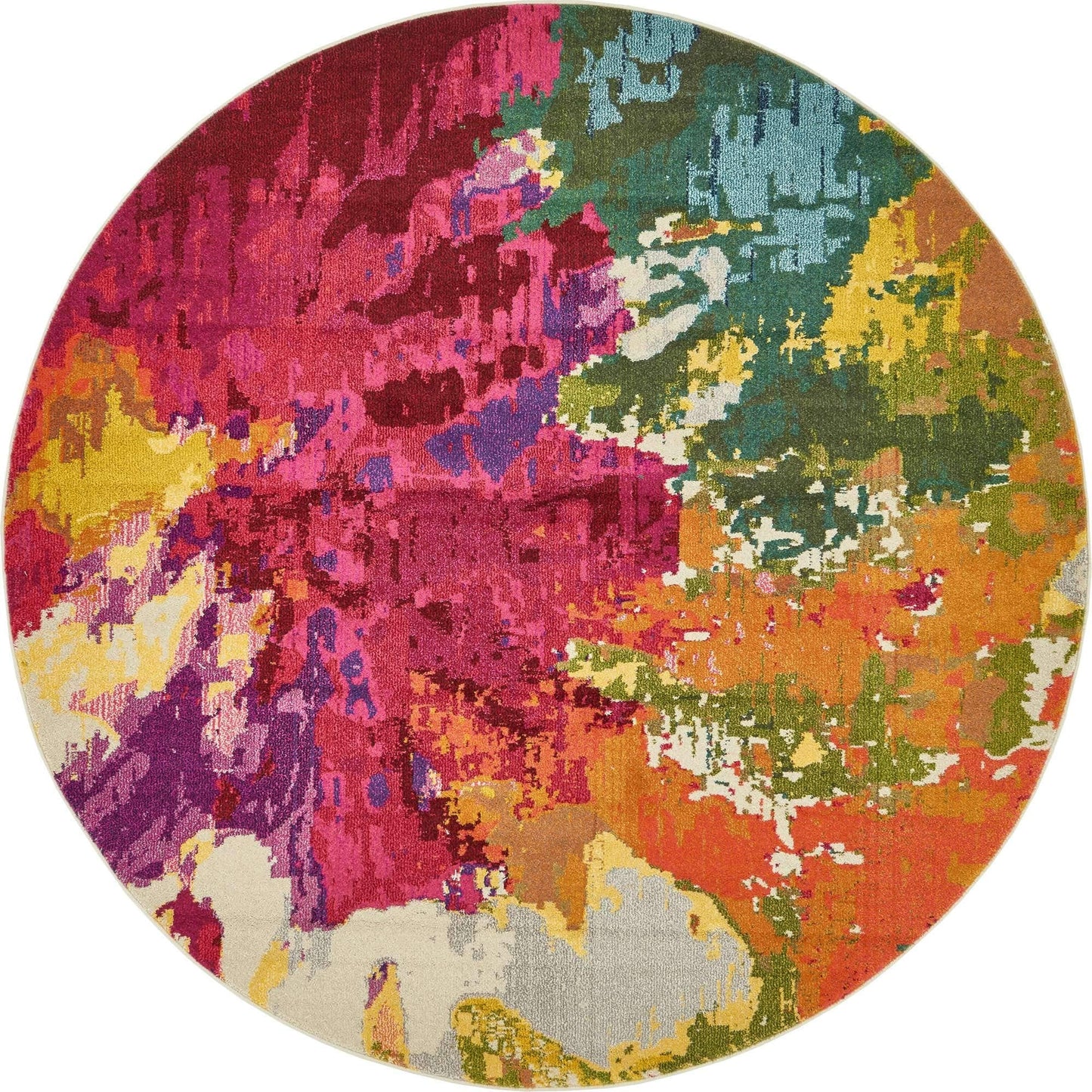 Unique Loom Estrella Collection Colorful, Abstract, Floral, Watercolors, Modern, Distressed Area Rug (6' 0 x 6' 0 Round, Multi/Pink)