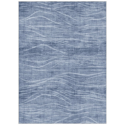 WITSHOCK 9x12 Area Rug, Washable Rugs for Living Room, Large Rug Thin Carpet Non Slip Stain Resistant Soft Carpets, Modern Wave Striped Rugs for Bedroom Dining Room Office Kitchen Nursery, Blue