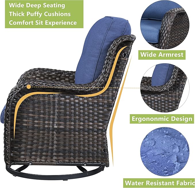 Rilyson Wicker Patio Furniture Set - 6 Piece Rattan Outdoor Sectional Conversation Sets with 2 Swivel Rocking Chairs,2 Ottomans,1 Sofa and 1 Coffee Table for Porch Deck Garden(Brown/Blue)