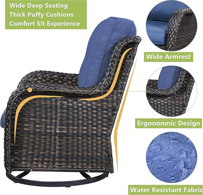 Rilyson Wicker Patio Furniture Set - 7 Piece Rattan Outdoor Sectional Conversation Sets with 2 Rocking Swivel Chairs,2 Ottomans,1 Sofa,1 Loveseat and 1 Coffee Table for Porch Deck(Brown/Blue)