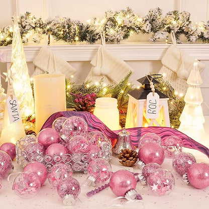 XmasExp 32ct Christmas Ball Ornaments Set -Pink Clear Plastic Shatterproof Xmas Tree Ball Decorations Hanging Baubles for Holiday Decor