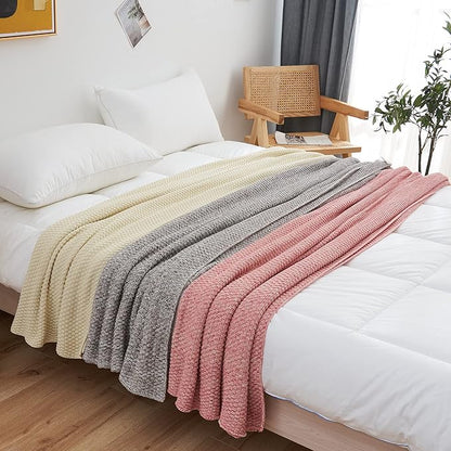 Longhui bedding Dusty Pink Knitted Throw Blanket for Couch, Soft, Cozy Machine Washable 100% Cotton Sofa Knit Blankets, 60 x 80 Inches Oversized, Pink and White Color, Laundry Bag Included