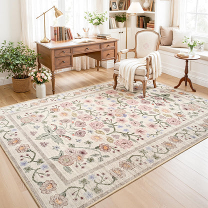 Maxsoft Large Area Rugs for Living Room Bedroom, 5x7 Washable Floral Area Rugs, Non-Slip and Stain Resistant Soft Throw Indoor Carpet for Dining Room Office Kitchen Dorm Home Decor, Pink