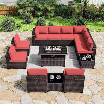 ALAULM 13 Pieces Patio Furniture Set with Fire Pit Table Outdoor Sectional Sofa Sets Outdoor Furniture 43" Gas Fire Pit CSA Approved PE Rattan Patio Conversation Set w/10 Seat Cushions (Red)