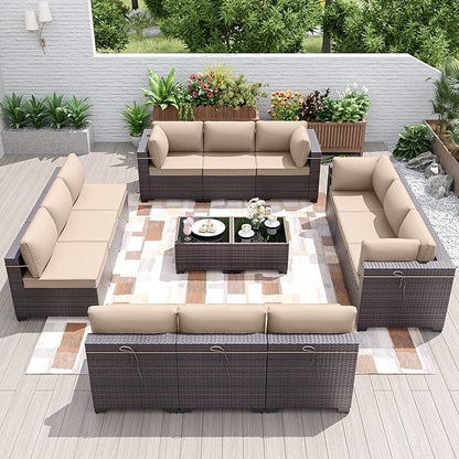 Kurapika 14 Pieces Patio Furniture Set, Rattan Wicker Outdoor Conversation Sets w/4 Inch Cushion and Glass Coffee Table(Sand)