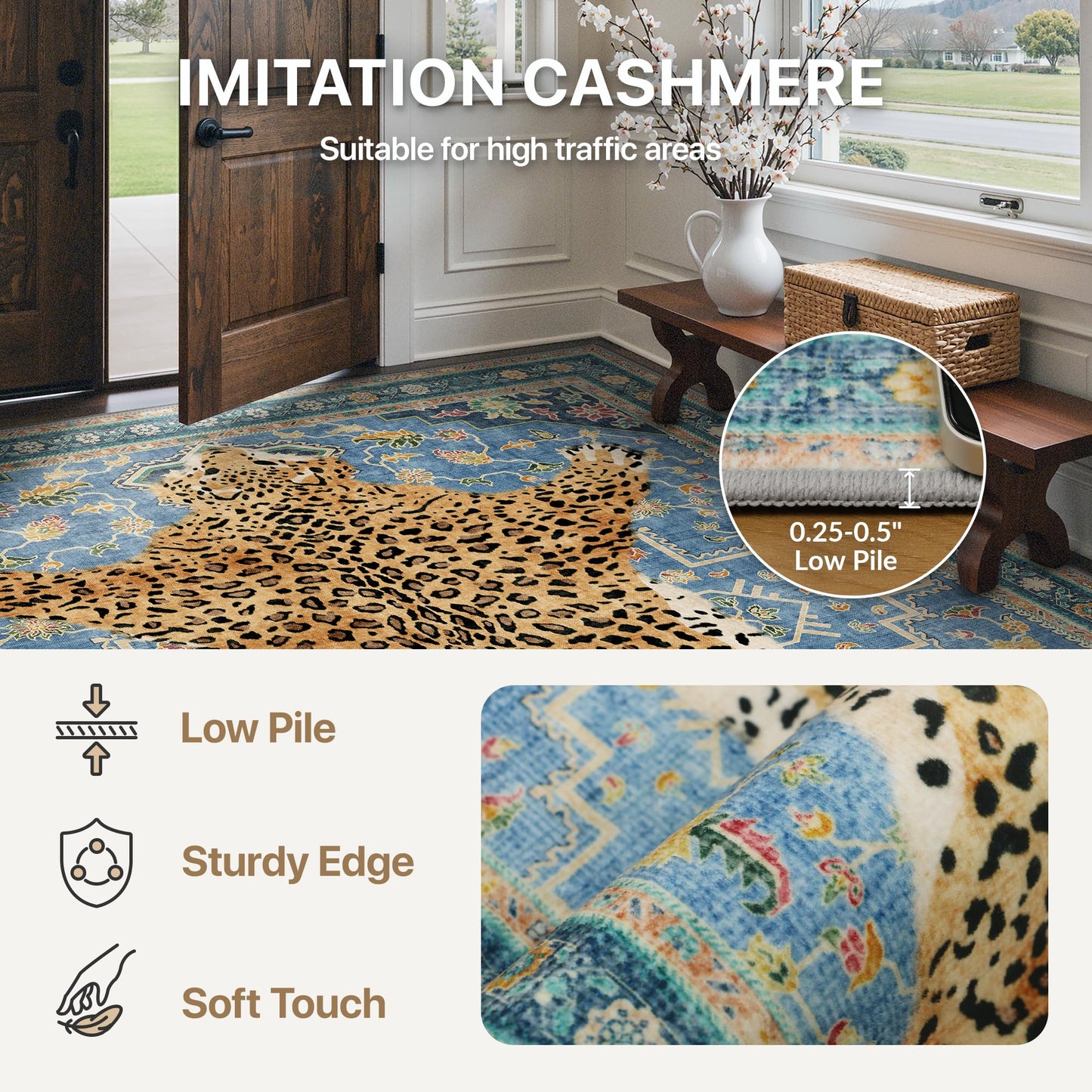 Bavni 2x6 Leopard Rug, Soft Cheetah Rug Animal Print Kitchen Rug Washable Runner Rug Non Slip, Low Pile Runners for Hallway Print Woodland Jungle Carpet for Entryway Playroom Bedroom, Blue