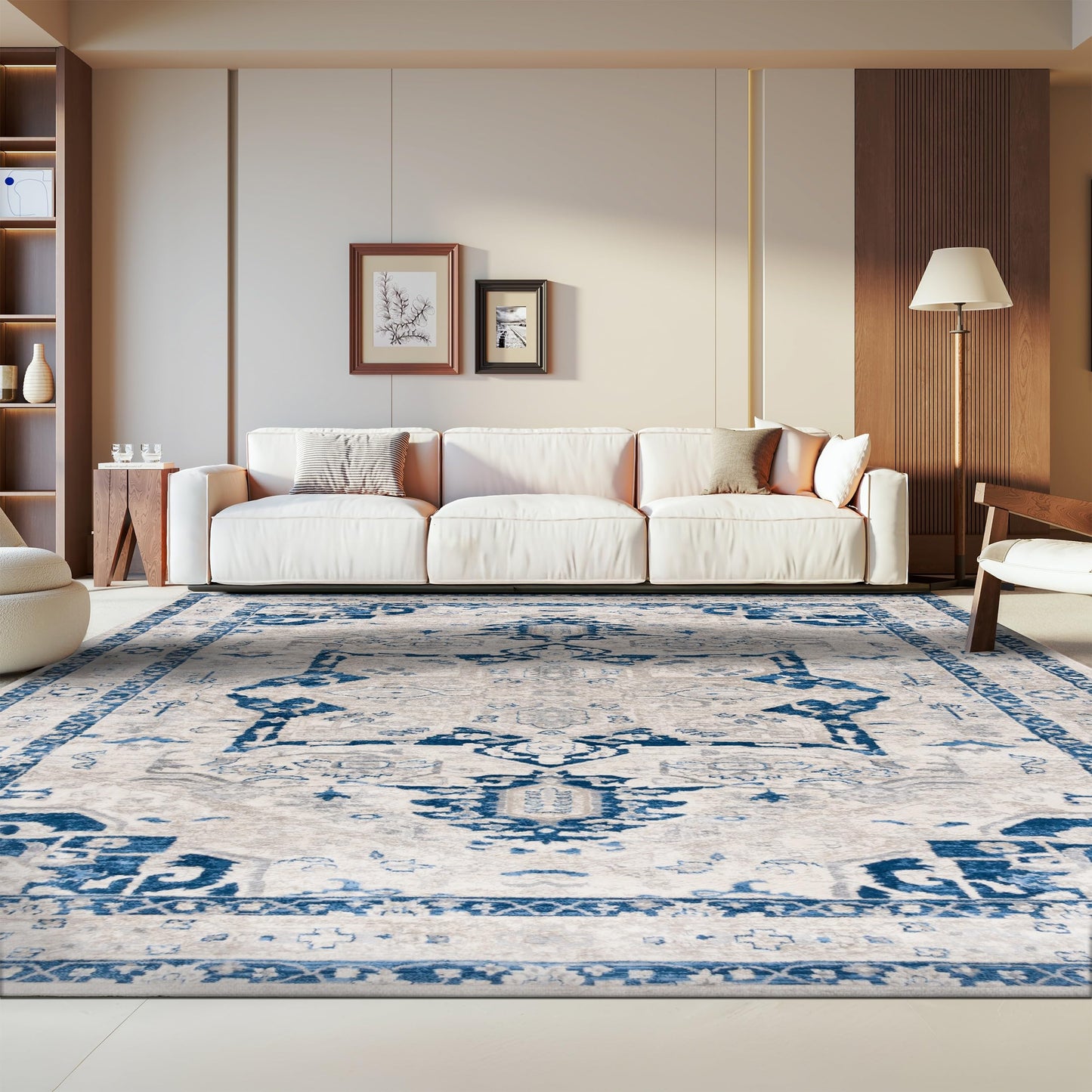 SAFAVIEH Brentwood Collection Area Rug - 9' x 12', Beige & Blue, Medallion Distressed Design, Non-Shedding & Easy Care, Ideal for High Traffic Areas in Living Room, Bedroom (BNT852C)