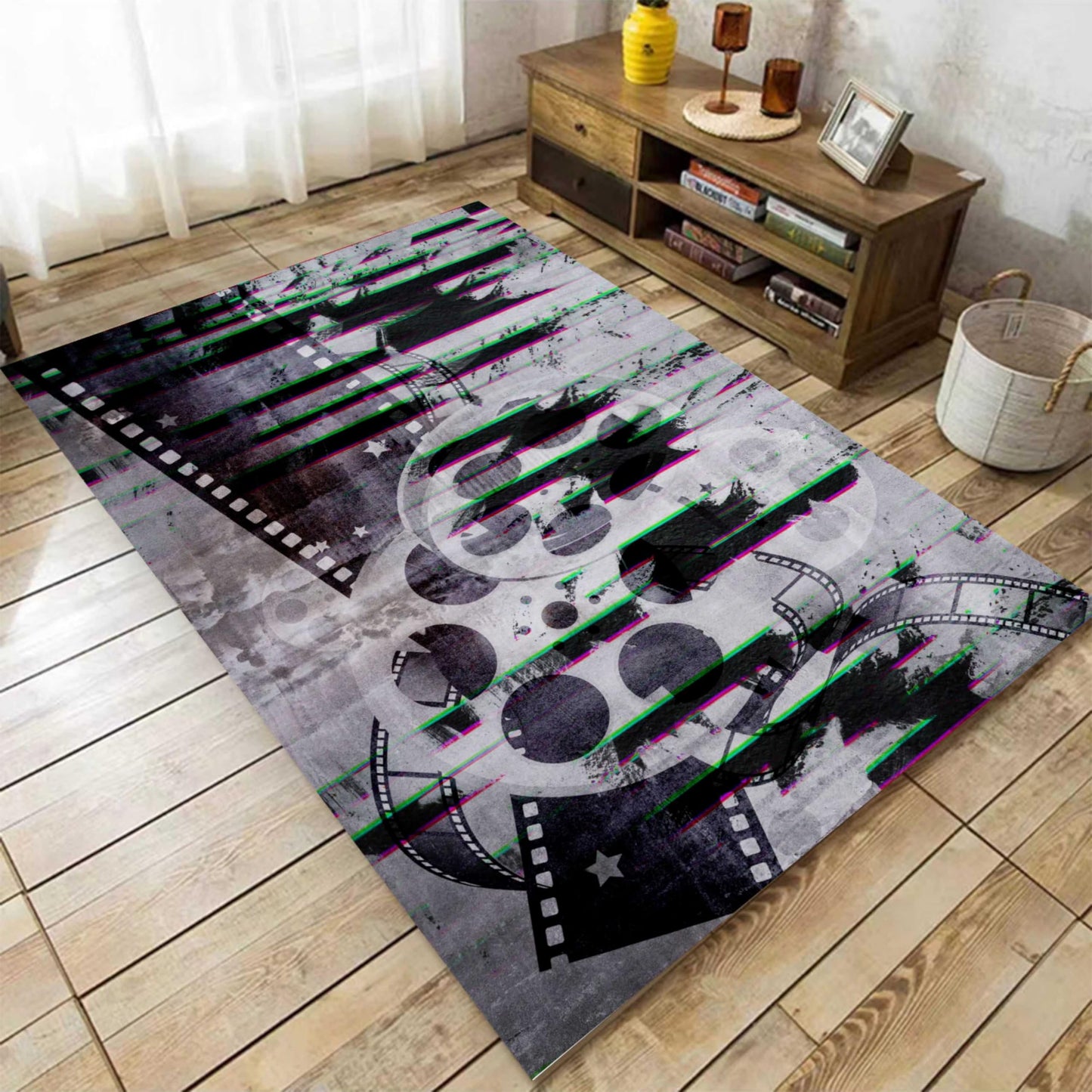 Puyosvr Retro Cinema Movie Area Rug,Non-Slip Filmstrrip and Popcorn Patterned Rug,Cinema Sign Carpet for Sofa Living Room Kitchen Play Mat Nursery Throw Rugs Yoga Mat (2, 4x5ft)