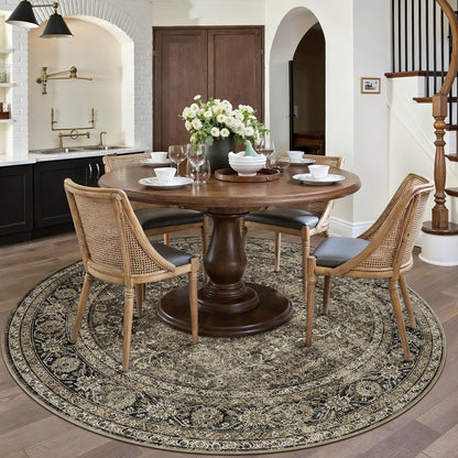 PureCozy Brown Round Area Rug 8ft Washable 8x8 Circle Vintage Low Pile Indoor Large Kitchen Living Room Carpet Non Slip Traditional Distressed Retro Accent Throw Rug Office Dining Room