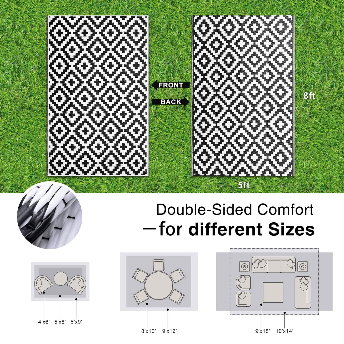 OLANLY Waterproof Outdoor Rug 5x8 ft, Outdoor Plastic Straw Rug for Camping, RV Mat Outside, Indoor Outdoor Carpet for Porch, Deck, Backyard, Balcony, Picnic, Black & White