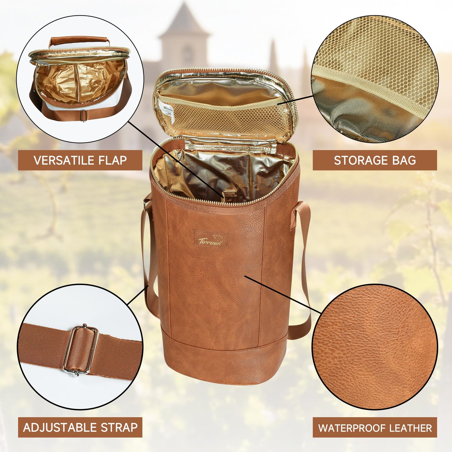 Tirrinia 2 Bottle Wine Carrier Bag, Insulated Wine Tote Cooler Bag with Shoulder Strap, for Travel, Picnic, BYOB & Christmas for Wine Lovers, Brown