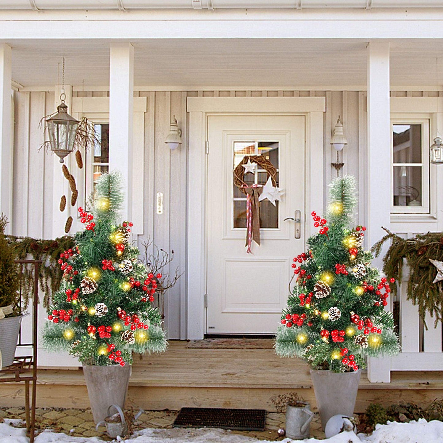 FORUP Set of 2 30 Inch Pre-Lit Pathway Christmas Trees Urn Filler, Outdoor Christmas Tree Decorations for Porch, Driveway, Yard, Garden, with 60 LED Lights, Red Berries, Pine Cones, Red Ball Ornaments