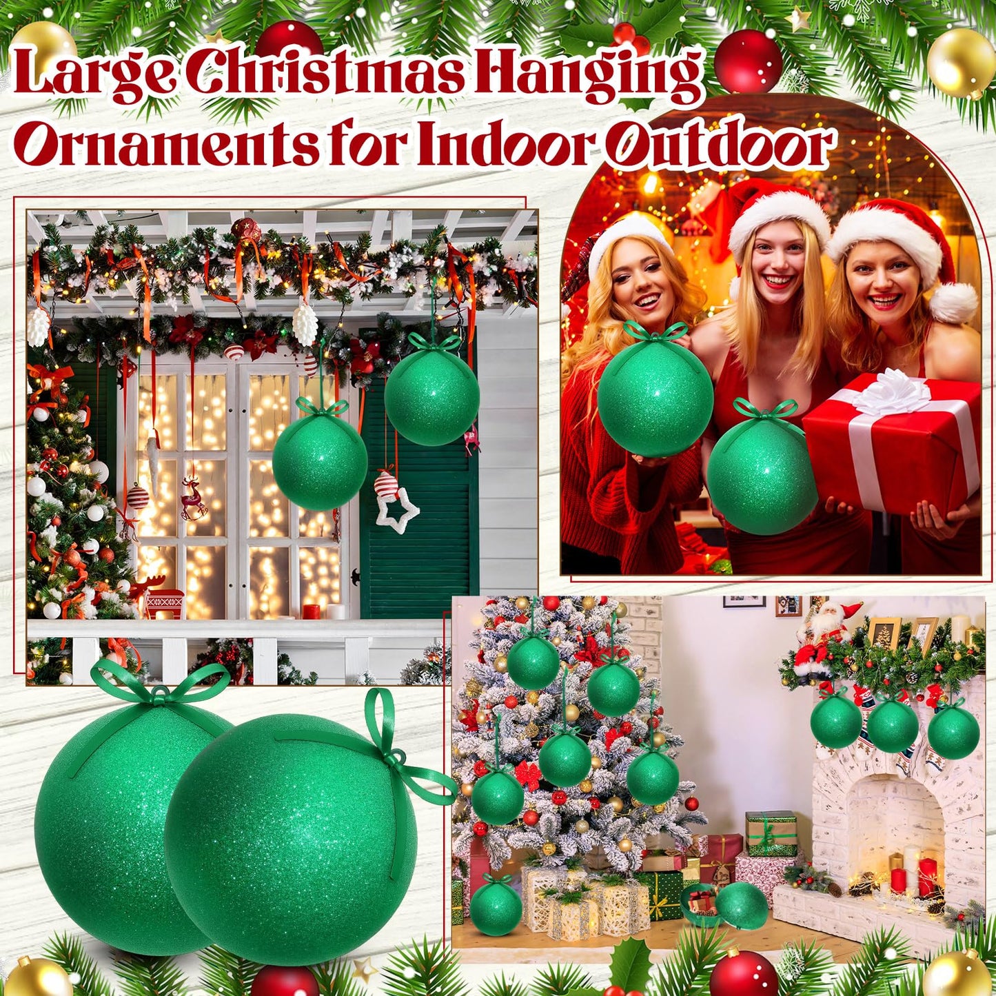 Zubebe 2 Pcs 8" Giant Fillable Christmas Ornaments with Ribbons Oversized Plastic Xmas Balls for Outdoor Lawn Yard Decor, Tree Hanging, Holiday Gifts(Glitter Green)