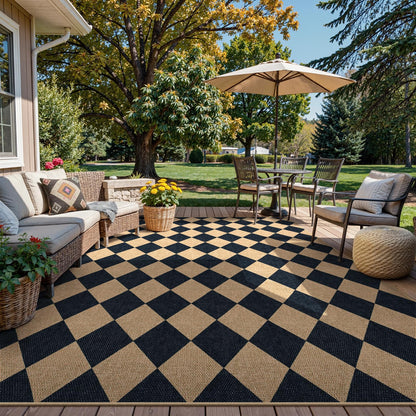 Lanffia Checkered Easy Jute Washable Rugs 8x10, Black Living Room Rug for Dining Room Diamond Indoor Outdoor Carpet, Large Non Slip Low Pile Farmhouse Checkerboard Rug for Classroom Patio