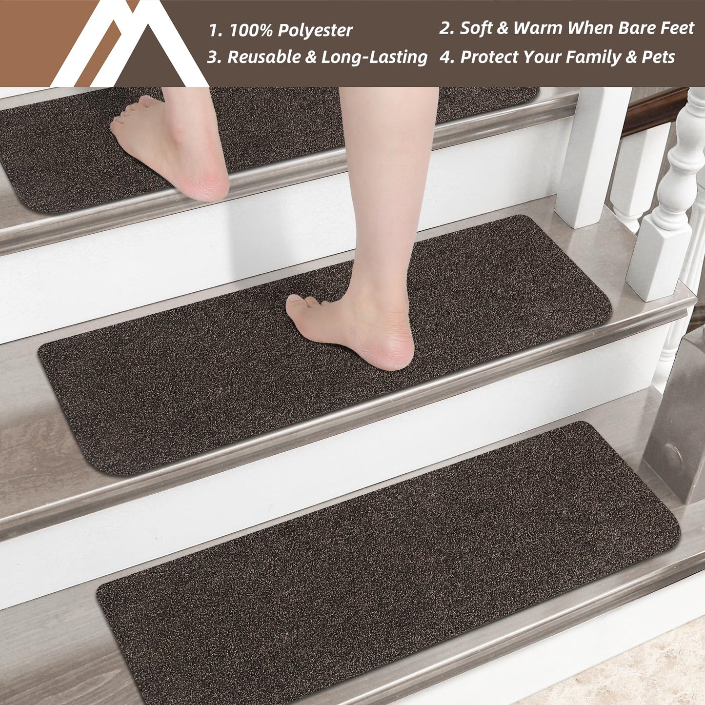 COSY HOMEER Stair Treads Non-Slip 15pcs Carpet Mat 28inX9in Indoor Stair Runners for Wooden Steps, Stair Rugs for Kids and Dogs, 100% Polyester TPE Backing Brown Protect Floor