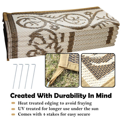 SAND MINE Reversible Mats, Plastic Straw Rug, Modern Area Rug, Large Floor Mat and Rug for Outdoors, RV, Patio, Backyard, Deck, Picnic, Beach, Trailer, Camping (9' x 12', Brown & White)